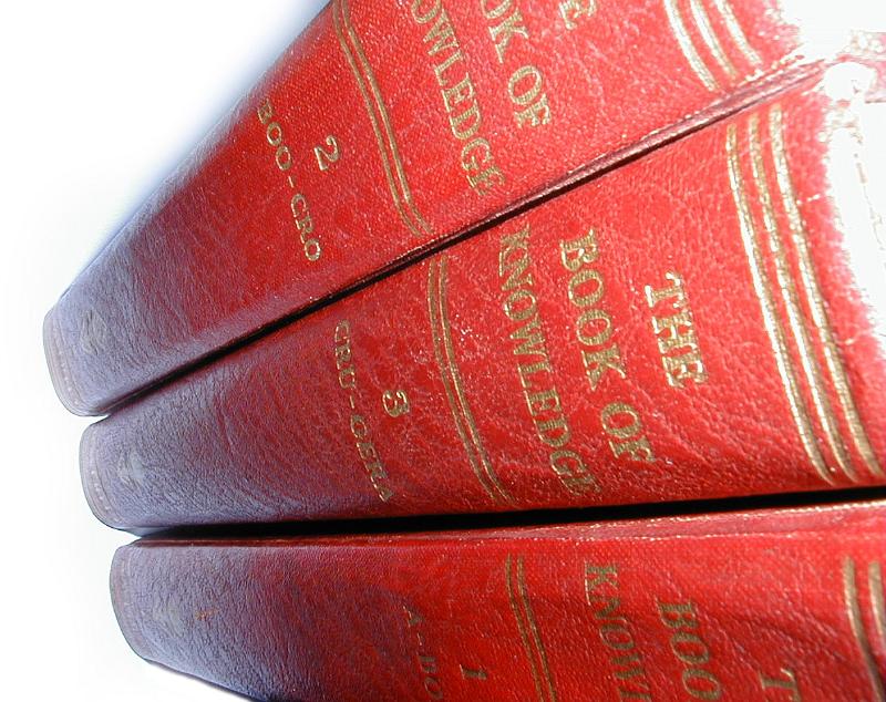 Free Stock Photo: Spine detail on three encyclopedias bound in red leather with gilt tooling for the titile - books of knowledge