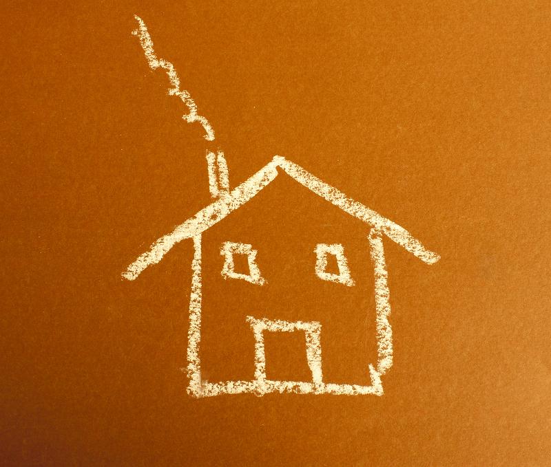 Free Stock Photo: a chalk drawing of a childs typical home with windows door and smoking chimney