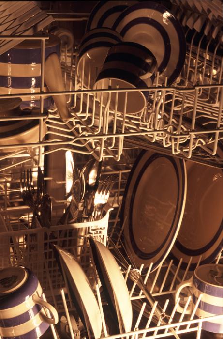 Free Stock Photo: Detail of the interior of a dishwasher showing a range of clean crockery and cutlery