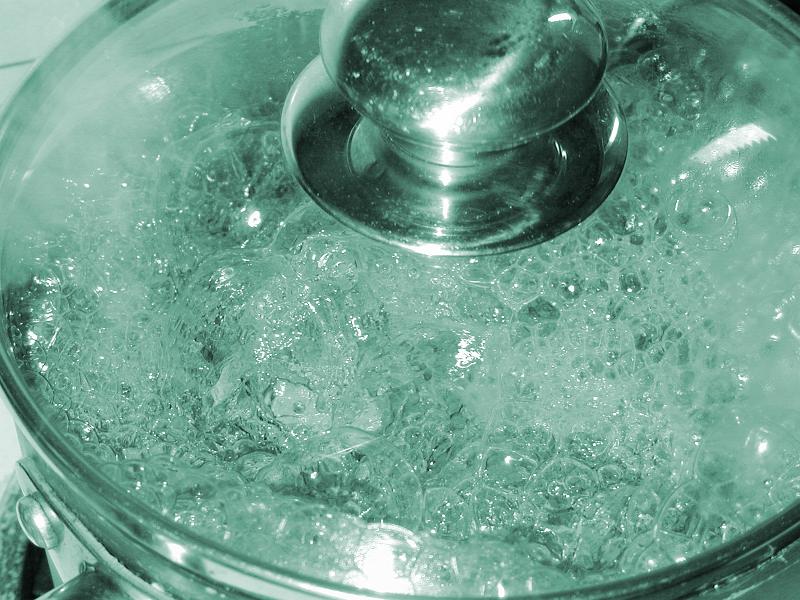 Free Stock Photo: Boiling pot of water on a stove with a glass lid so that the bubbles are visible