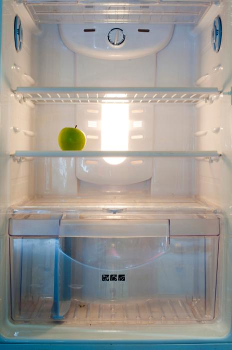 Free Stock Photo: Inside of a domestic fridge showing shelves and a transparent drawer empty but for one single green apple