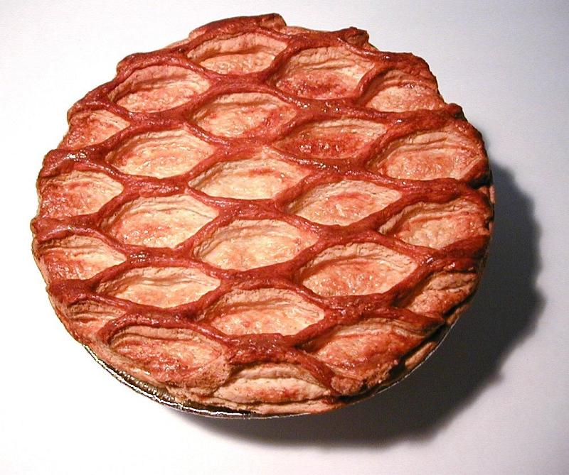Free Stock Photo: Overhead view of a golden freshly baked fancy gourmet pastry pie crust with a decorative repeat pattern