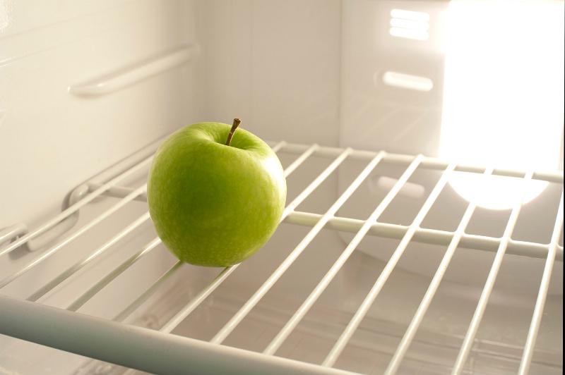 Free Stock Photo: Interior of a small domestic refrigerator with a single green apple on the wire shelf