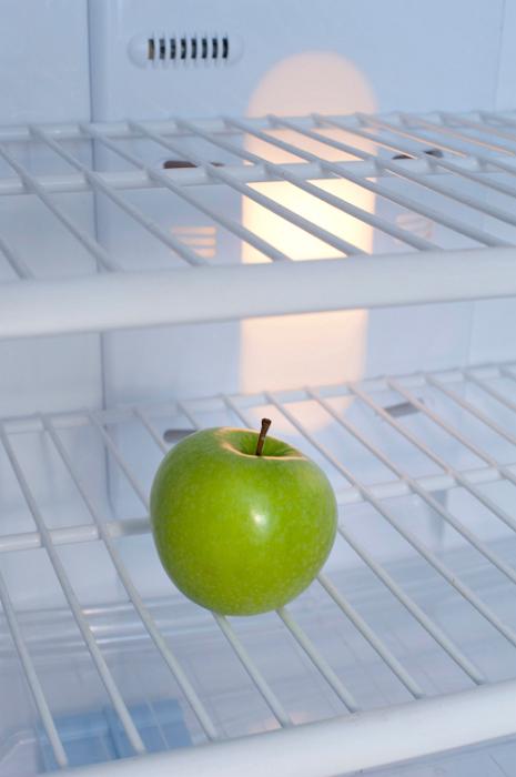 Free Stock Photo: One green apple in an empty fridge