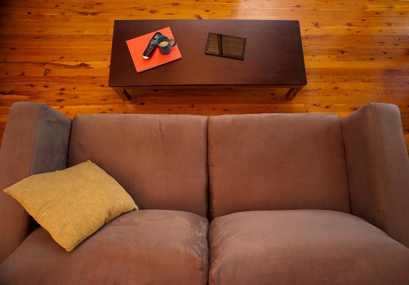 Free Stock Photo: Empty comfy upholstered brown sofa and cusion below a modern artwork on a wooden wall