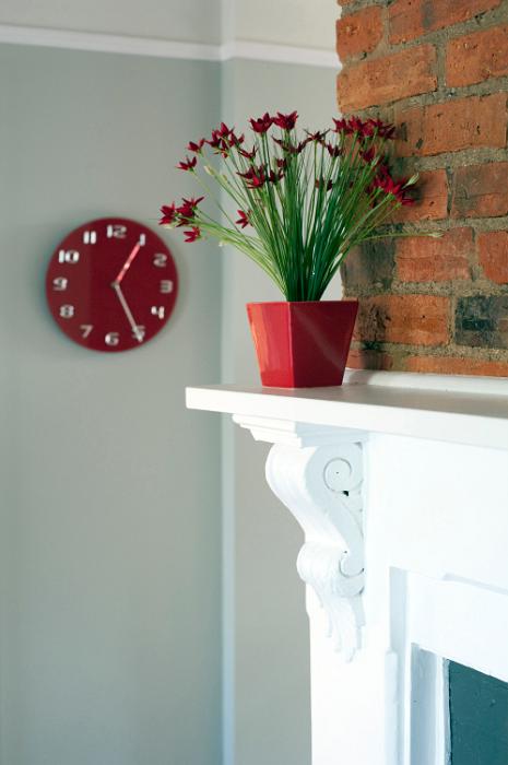 Free Stock Photo: Closeup of a white painted fireplace with a pot of red flowers on the mantelpiece and an ornamental red clock mounted on the wall alongside in an interior decor concept