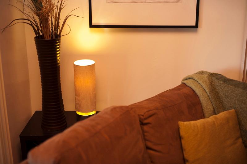 Free Stock Photo: Lounge interior decor with a view over the back of a sofa of a modern illuminated cylindrical lamp below a dried flower arrangement