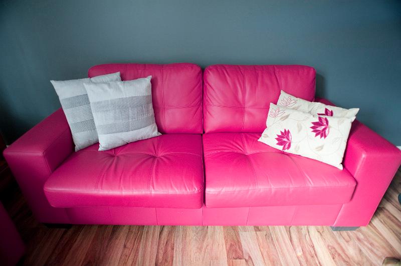 Free Stock Photo: Stylish pink leather sofa with elegant cushions on a hardwood floor against a grey wall in an interior decor concept