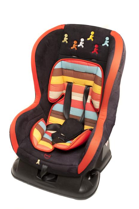 Free Stock Photo: Full Length Still Life of Child Safety Car Seat with Plush Striped Cushion and Colorful Embroidered Figures, Silhouetted on White Background with Copy Space