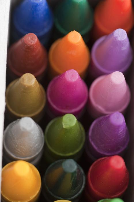 Free Stock Photo: Tightly cropped top down view of tightly packed bright and dark crayon tips