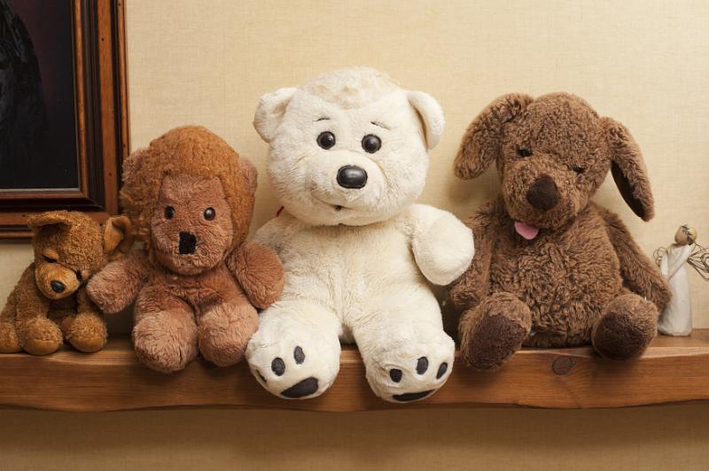 Free Stock Photo: Row of three different plush teddy bear toys
