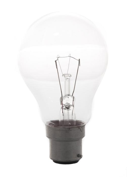Free Stock Photo: Traditional household glass incandescent light bulb on with bayonet fitting isolated on a white background in a power and energy concept