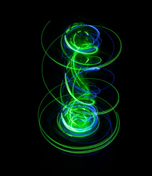 Free Stock Photo: green and blue spinning lightpainting with spiraling twisting form