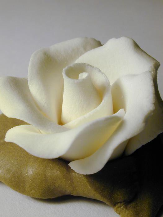 Free Stock Photo: Yellow icing sugar rose to decorate a cake, close up view on grey