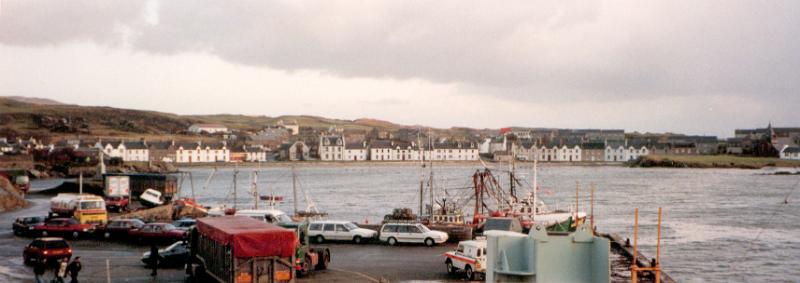 Free Stock Photo: card and trucks parked on a quayside waiting for the arrival of a ferry, panoramic view wth houses in the background around the bay