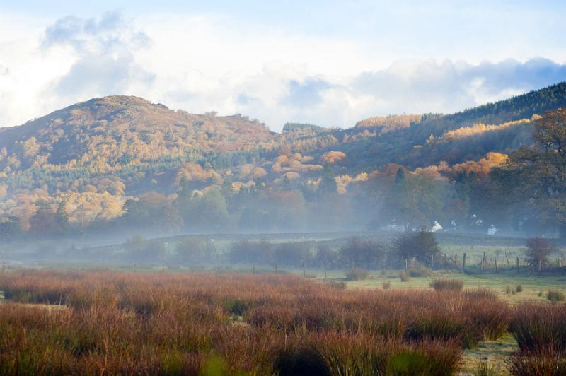 Free Stock Photo: a light morning mist hanging over a lake district valley and small village