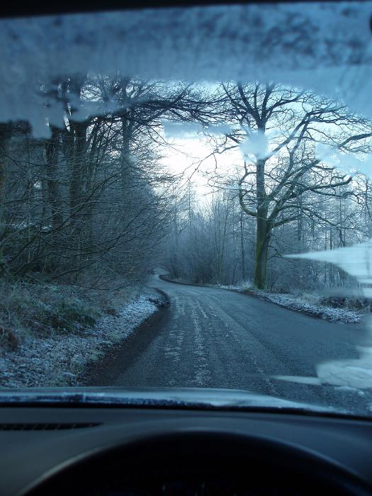 Free Stock Photo: inside a car dirving along a frosty winter english lane
