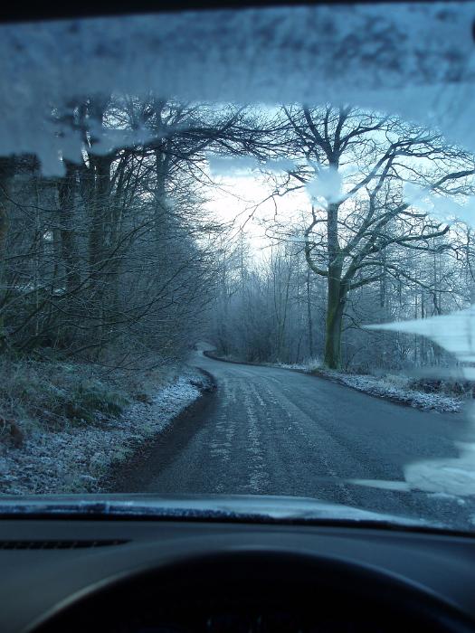 Free Stock Photo: inside a car dirving along a frosty winter english lane