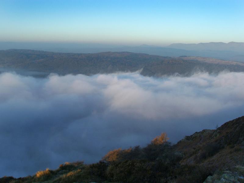 Free Stock Photo: looking down onto a valley full of clouds / mist