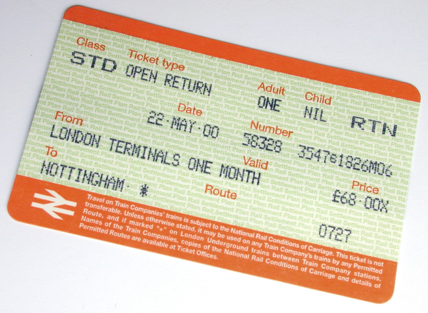 Detail of a monthly train travel ticket.