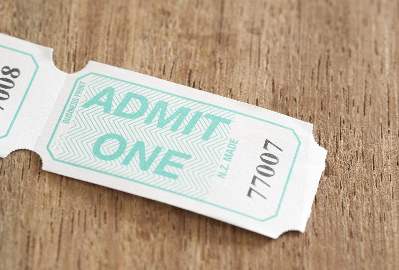 Free Stock Photo: one unused admission ticket to a performance or venue with text - Admit One - and number on a wooden table