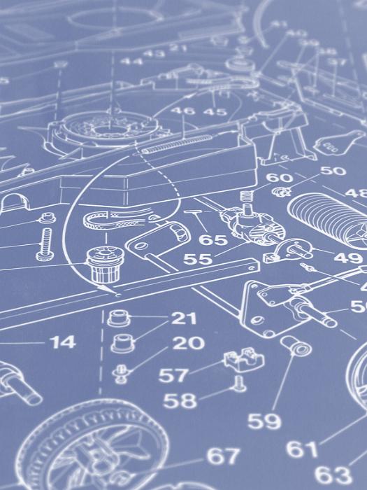 Free Stock Photo: Machine blueprint showing component parts in an exploded numbered view viewed at an oblique angle with selective focus