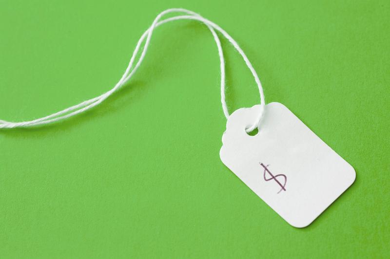 Free Stock Photo: Blank white cardboard price tag or label with dollar sign and string lying on a green background with copy space