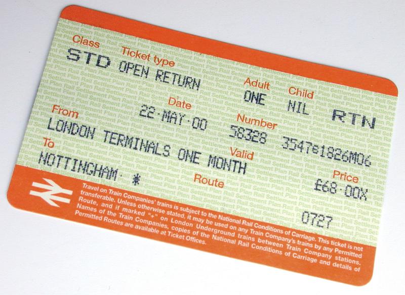 Free Stock Photo: Detail of a monthly train travel ticket between London and Nottingham, UK on a white background