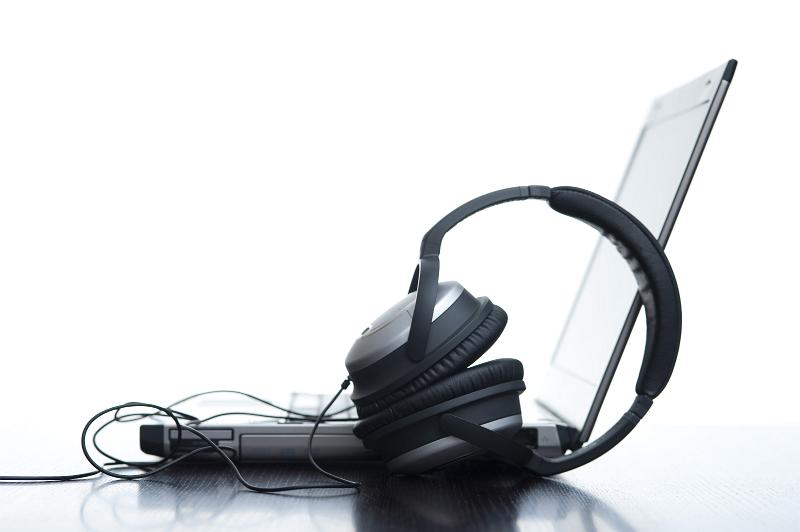 Free Stock Photo: a pair of stereo headphones and a laptop computer - concept of digital audio recording