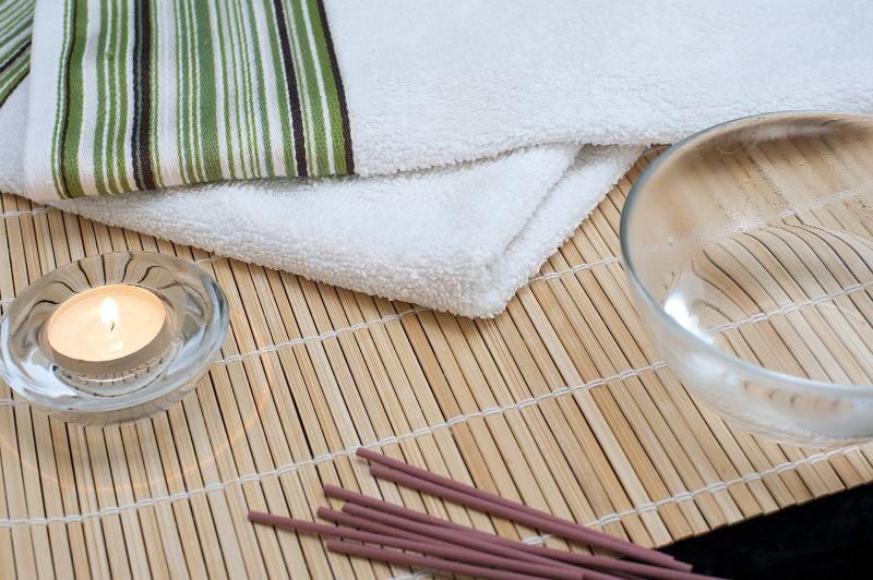 Free Stock Photo: scented massage oils, fresh white towes and scented incense sticks