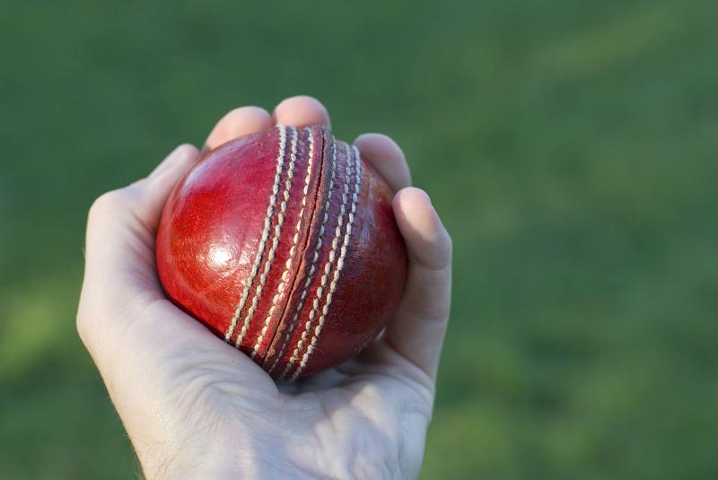 Free Stock Photo: a male hand holding a cricket ball ready to bowl to the batter