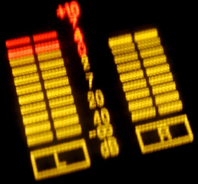 Free Stock Photo: Blurred display of glowing out of dark yellow sound level indicator with overload on left channel. Music playback concept