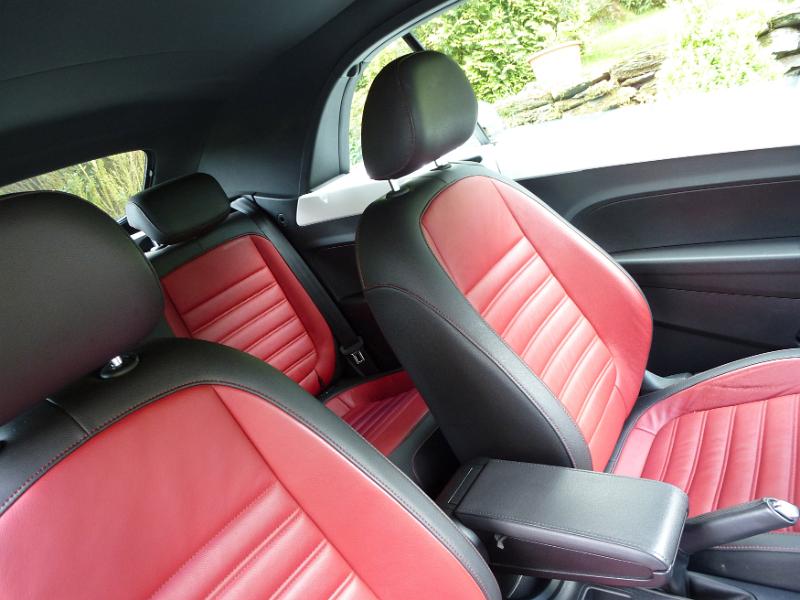 Free Stock Photo: Tilted angle of red and white leather seats in fancy automobile during the daytime