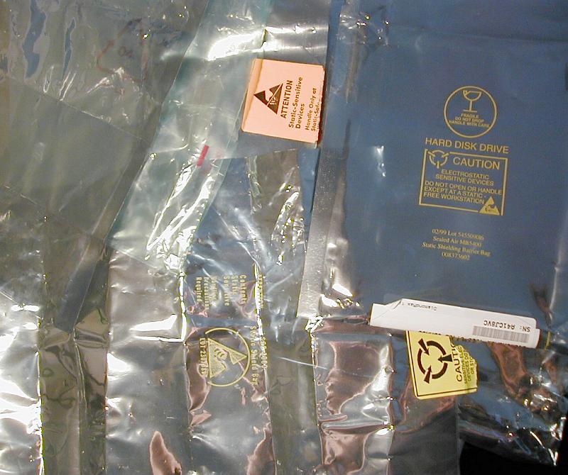 Free Stock Photo: Antistatic plastic bags with warning labels to protect electronic equipment such as computer hard drives in a full frame background