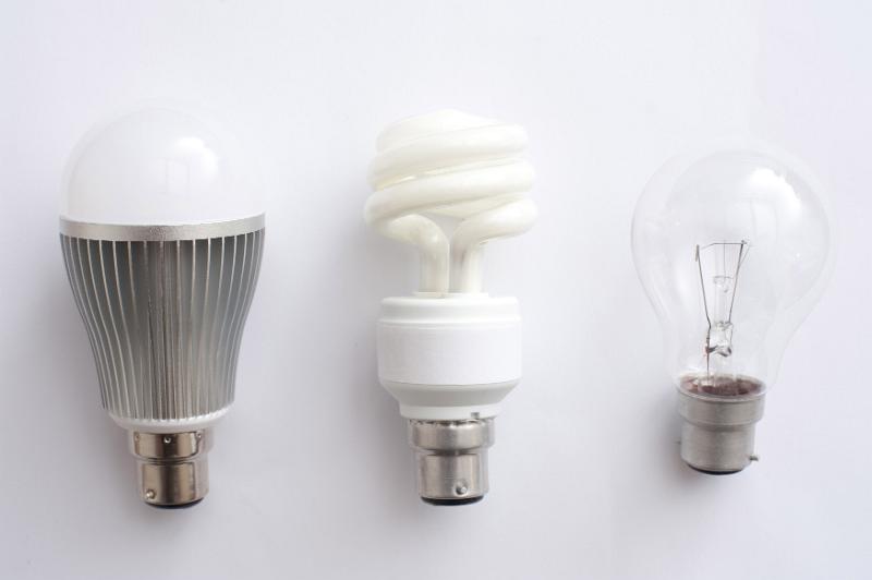 Free Stock Photo: Three options for electric lighting with LED, fluorescent and incandescent light bulbs in a row over white