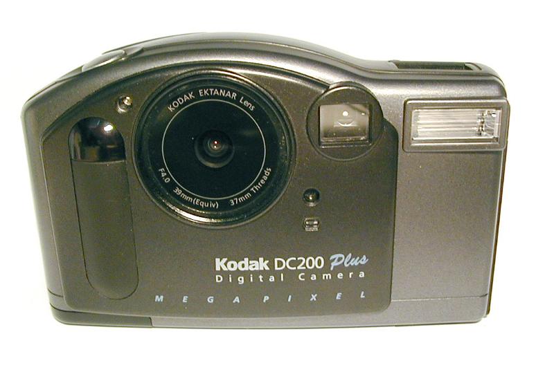 Free Stock Photo: Silver Kodak DC200 Plus Digital Camera with the lens facing the viewer isolated on a white background - Editorial use only