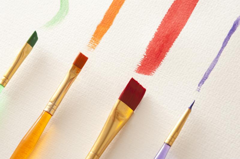 Free Stock Photo: Close up of four single straight strokes of various colors and sizes from paintbrushes paintbrushes