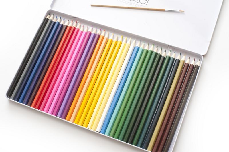 Free Stock Photo: Close up of open case full of various colored pencils and single brush in lid over white background