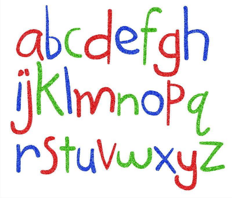 Free Stock Photo: Alphabet written in small fonts using three primary colors.