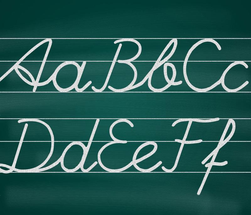 Free Stock Photo: Green chalkboard excersise for children to learn how to correctly form their upper and lower case letters. Closeup up showing the alphabet from a to f