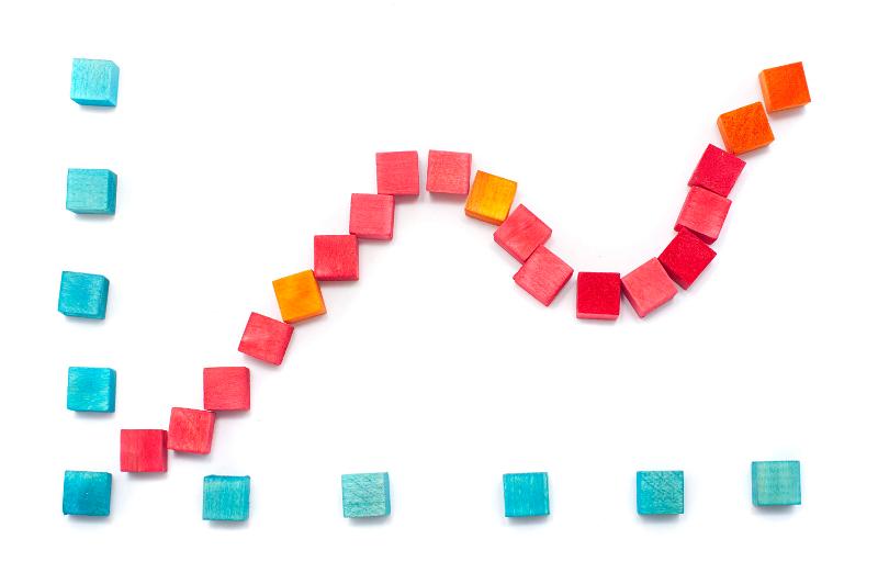 Free Stock Photo: A line graph showing an upward trend, created from colourful toy wooden blocks, over white background