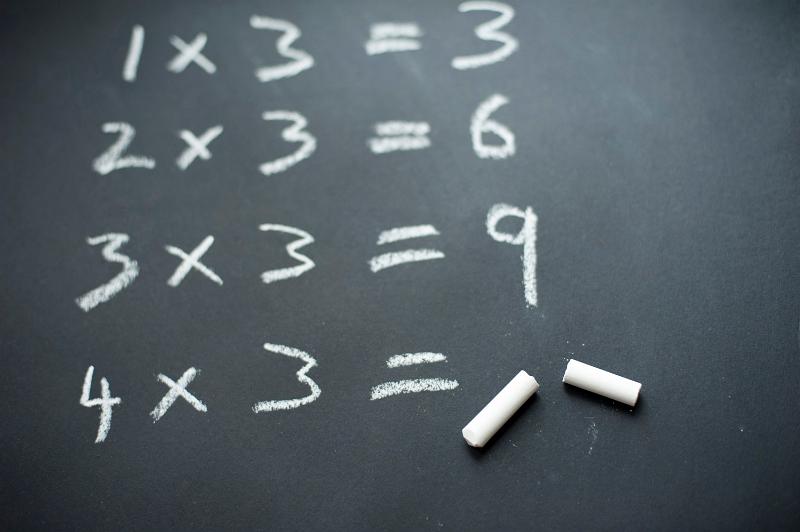 Free Stock Photo: Beginning of the three times table written in chalk on a blackboard, with a broken piece of chalk against the last, unanswered sum