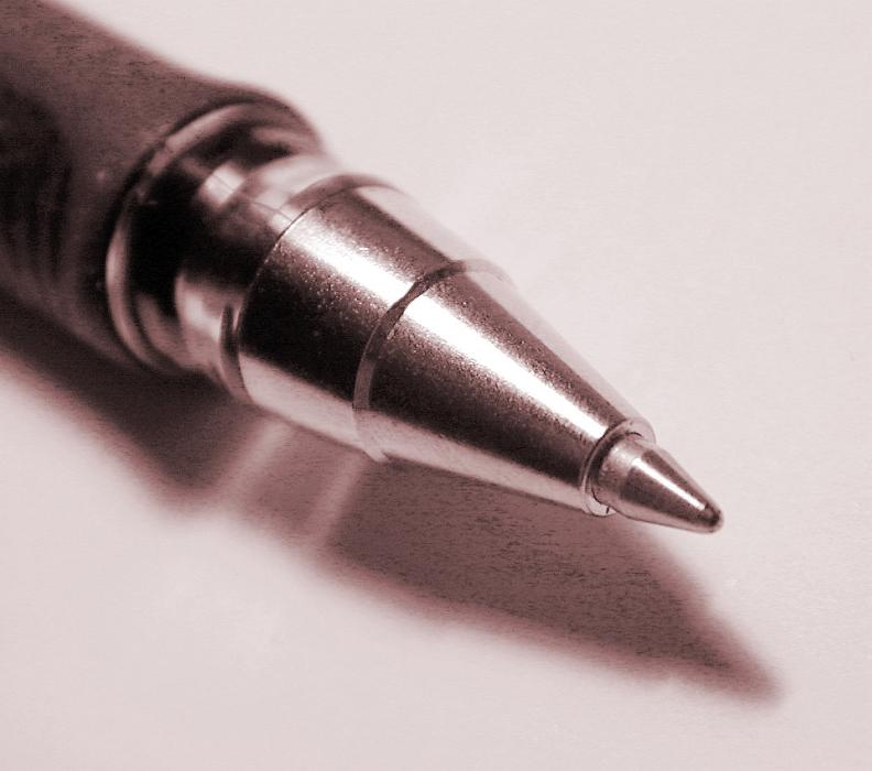 Free Stock Photo: Close up of the silver metal nib of a ballpoint pen casting a shadow on a white background, square format