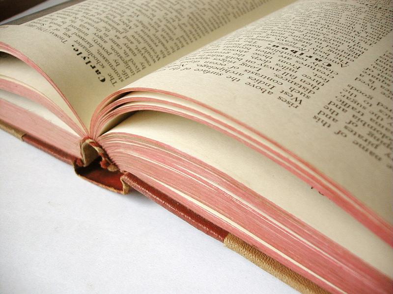 Free Stock Photo: Close up of open hard covered book with its edges colored red on a white table