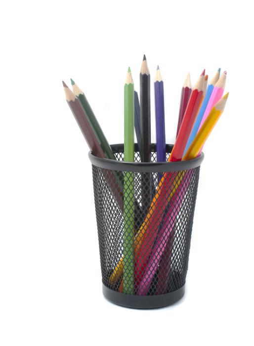 Free Stock Photo: Multiple sharpened coloured pencils standing in a basket for drawing and sketching in an arts and crafts concept