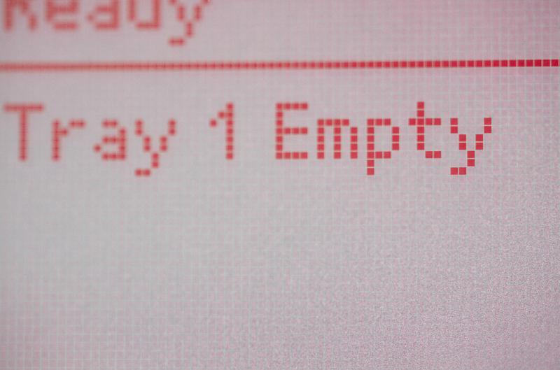 Free Stock Photo: Digital Tray Empty display in red on a copier indicating that the machine has run out of paper