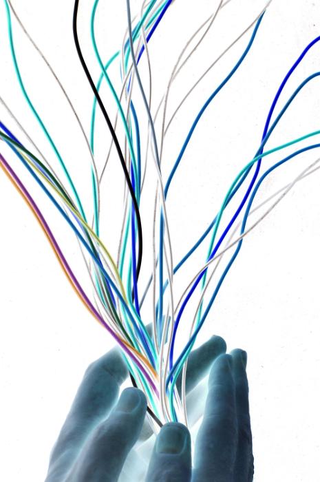 Free Stock Photo: Artistic abstract with multicoloured electrical wires beign streamlined by cupped hands