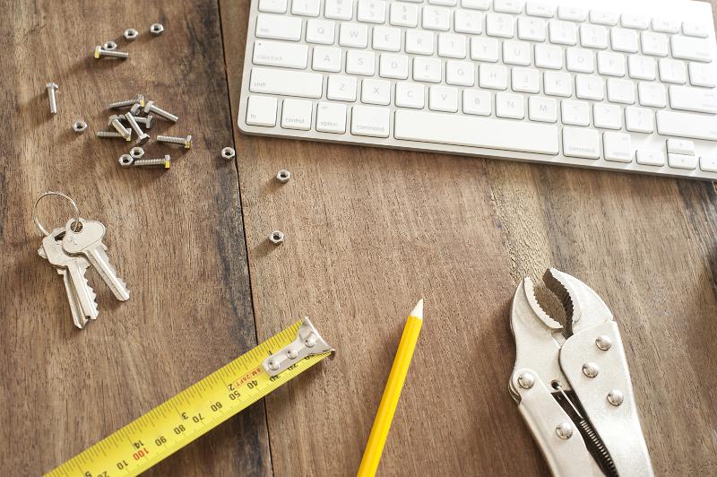 Free Stock Photo: desktop architecture and mechanical design concept, a tape measure, computer keyboard and wrench