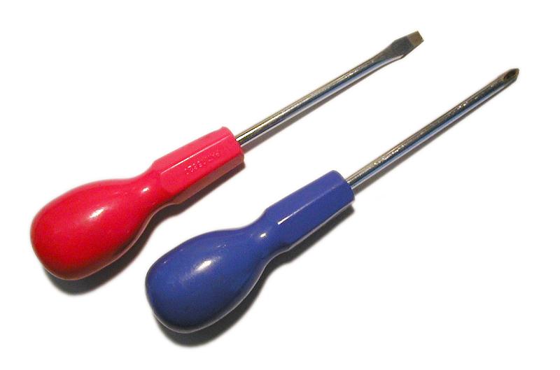 Free Stock Photo: Two Screwdrivers on White Background, One Cross Head with Blue Handle and One Flathead with Red Handle